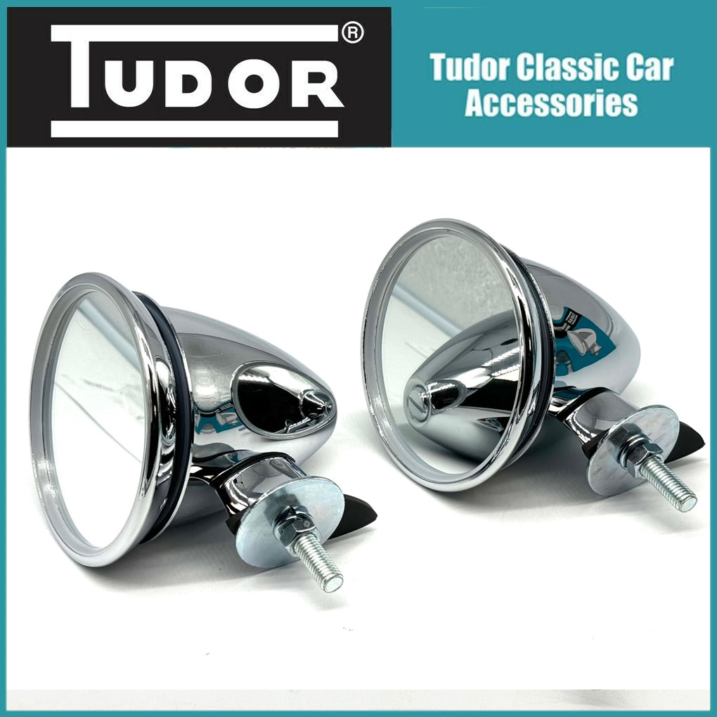 Pair Bullet Torpedo Racing Mirrors Chrome Single Bolt Convex MG, Mini, Triumph